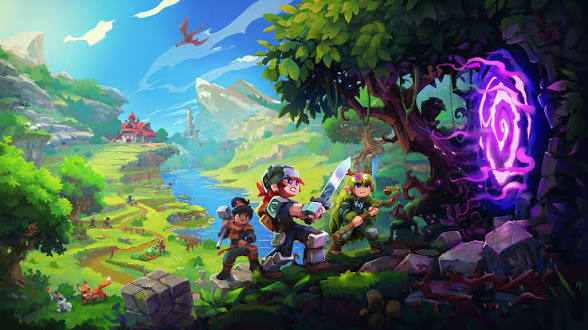 Hytale server hosting with fantasy adventure landscape