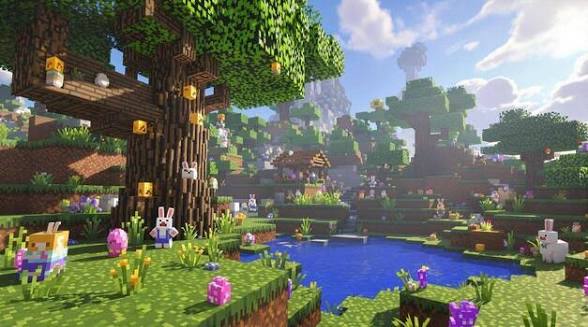 Minecraft server hosting with blocky terrain and minecart